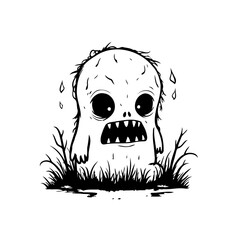 A bizarre creature illustration emerging from foliage with expression of fear and anxiety in