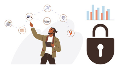 Person with tablet explaining connections between logistics, technology symbols, and bar graph. Ideal for technology, logistics, data representation, digital security, business innovation, modern