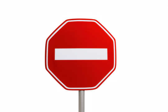 Classic red octagonal stop sign with white border and horizontal bar on transparent background