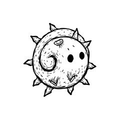 Abstract spiked sphere with quirky facial features a conceptual design element presented in