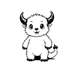 Adorable fluffy horned creature art whimsical animal character black and white children's book