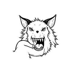 Black and white drawing of a sinister wolf character displaying sharp teeth with expressive line art