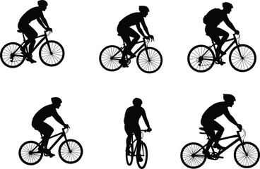 Silhouette vector illustration of cyclists riding mountain bikes in different poses with helmets and backpacks for outdoor sports activity.