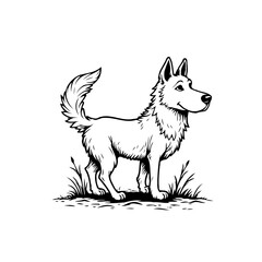 Naklejka premium Cartoon dog standing in a grassy patch sketch illustration cute dog isolated line art drawing