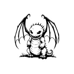 Cartoon mischievous baby dragon with spiky head ready for new adventures in black and white drawing