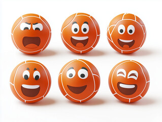 Obraz premium Six orange basketballs showing different emotions on white background