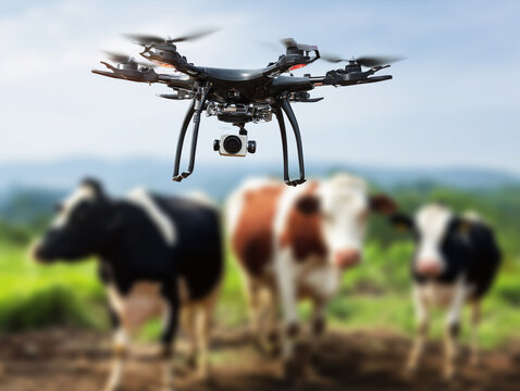 Drone flying and monitoring cows grazing in green pasture