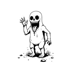 Eerie monochromatic illustration showcasing a whimsical skeleton character greeting from its