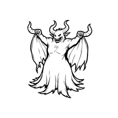 Eerie spectral horned figure ascending with menacing expression in black and white ink drawing