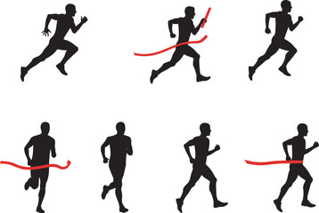 Silhouette vector of male runners crossing finish line, sprinting and jogging, perfect for race, sports, fitness, and athletic designs.