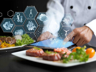 Chef using futuristic interface analyzing food composition and nutritional value