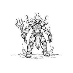 Enigmatic illustration of demonic warrior figure wielding a trident in monochrome artistic