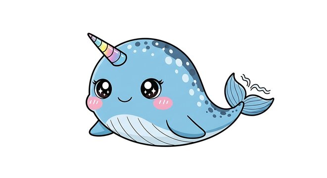 Cute Kawaii Narwhal Illustration Magical Ocean Creature Isolated on White Background