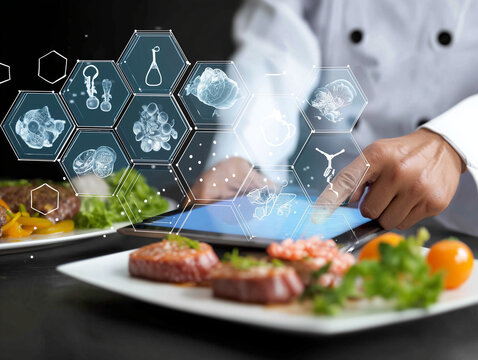 Chef using futuristic interface analyzing food composition and nutritional value - Powered by Adobe