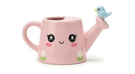 Cute Kawaii Pink Watering Can With Bird Accent Isolated On White Background