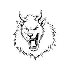 Ferocious mythical beast head with horns displaying intense expression a monochrome vector drawing