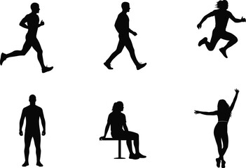 Silhouettes of men and women in various actions including running, walking, sitting, and jumping for fitness lifestyle illustrations.