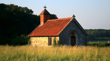 Fototapeta premium Rustic Stone Chapel in Golden Field Sunset Landscape