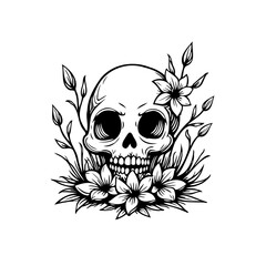 Floral skull design showcasing mortality juxtaposition with natural blossom life and rebirth