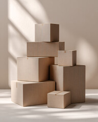 Obraz premium Minimalist arrangement of stacked recycled cardboard boxes on smooth light backdrop. clean sustainable packaging mockup.