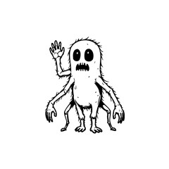 Friendly whimsical monster illustration with welcoming wave on plain background suitable for