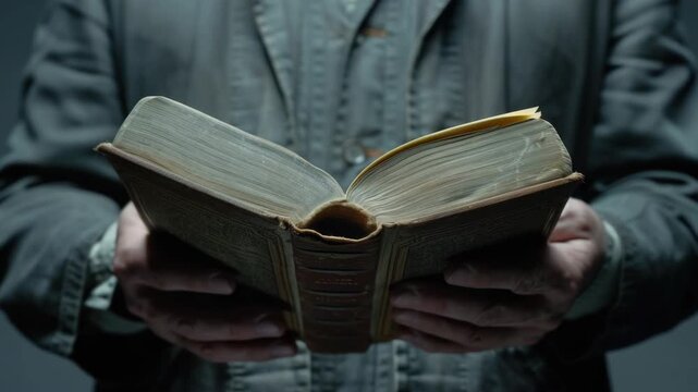 A person holding a vintage, old book with yellowed pages filled with arcane knowledge and mysticism.