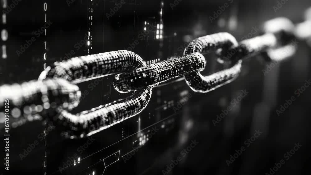 Poster a digital representation of a cryptographic security system, featuring a key chain and encrypted bit