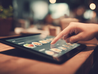 Customer ordering food using digital tablet menu in restaurant