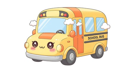 Cute Kawaii Yellow School Bus Cartoon Illustration Isolated on White Background