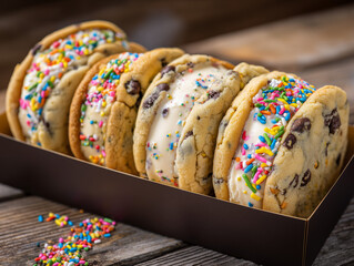 Delicious ice cream sandwiches with sprinkles in box resting on rustic wooden table