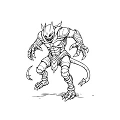 Intricate ink drawing presents a formidable horned demon creature with sharp claws menacingly