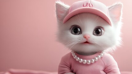 Obraz premium Cute white kitten, pink outfit, studio backdrop, adorable pet fashion, website banner