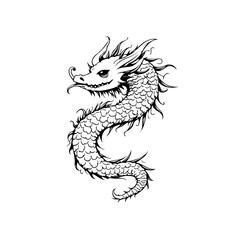 Fototapeta premium Intricate line art depicts a majestic dragon coiled against a plain white background showcasing