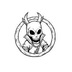 Intricate line art drawing featuring a horned skull figure framed within a rough circular border