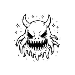 Intricate line art of a whimsical horned monster surrounded by sparkling celestial dust showcasing