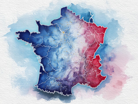 Watercolor map of france showing regions and national borders