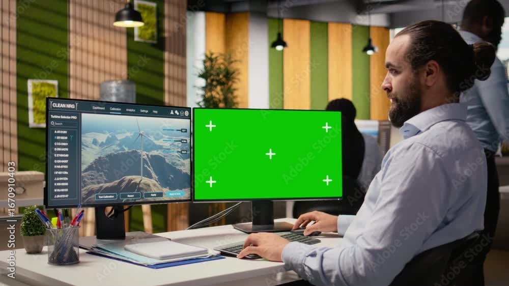 Poster worker uses green screen mockup pc to optimize advanced vawt wind farm layout, enhancing clean energ