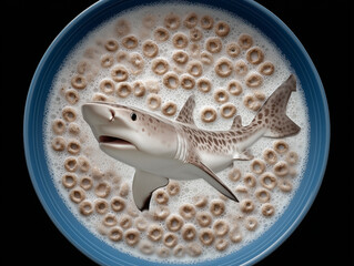 Shark swimming in a bowl of cereal and milk