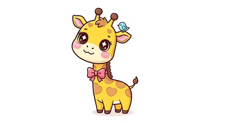 Cute Cartoon Giraffe with Pink Bow and Bird on Head Isolated on White Background