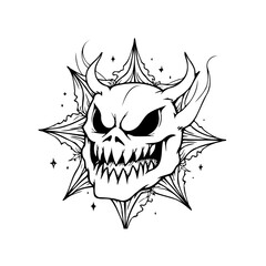 Monochrome devil skull illustration with jagged teeth and pointed ears, against a spiky sunburst