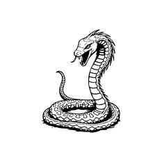 Monochrome illustration of a stylized serpentine creature with intricate scale patterns poised