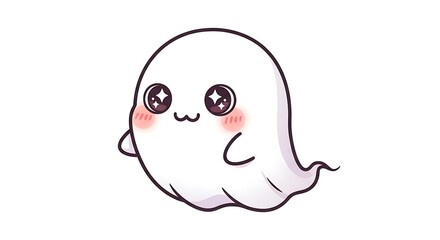 Cute Kawaii Ghost Character Floating with Blushing Cheeks Isolated on White Background