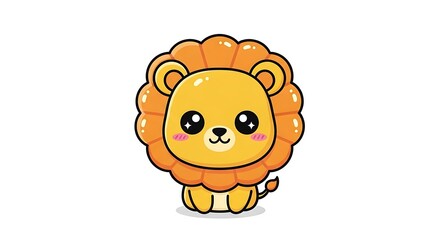 Cute Cartoon Lion Cub Kawaii Style Sitting Isolated on White Background Adorable