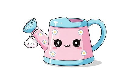 Cute kawaii pink watering can with smiling face isolated on white background for gardening