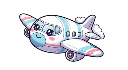 Cute cartoon airplane isolated on white background with pastel stripes representing travel and fun adventures