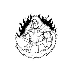 Mystic figure in a hooded cloak surrounded by flames line art drawing design with intense energy
