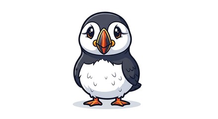 Cute cartoon puffin bird standing isolated on white background adorable