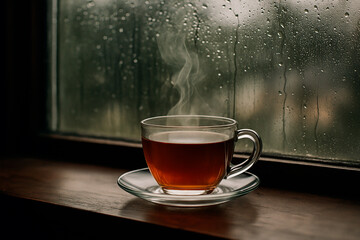Hot tea in glass cup by rainy window