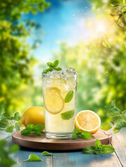 Fototapeta premium Refreshing lemonade with ice and mint on wooden table in summer garden