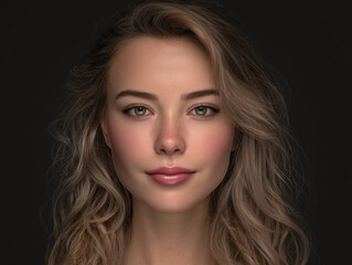 Fototapeta premium Portrait of young woman with long blond wavy hair on dark background